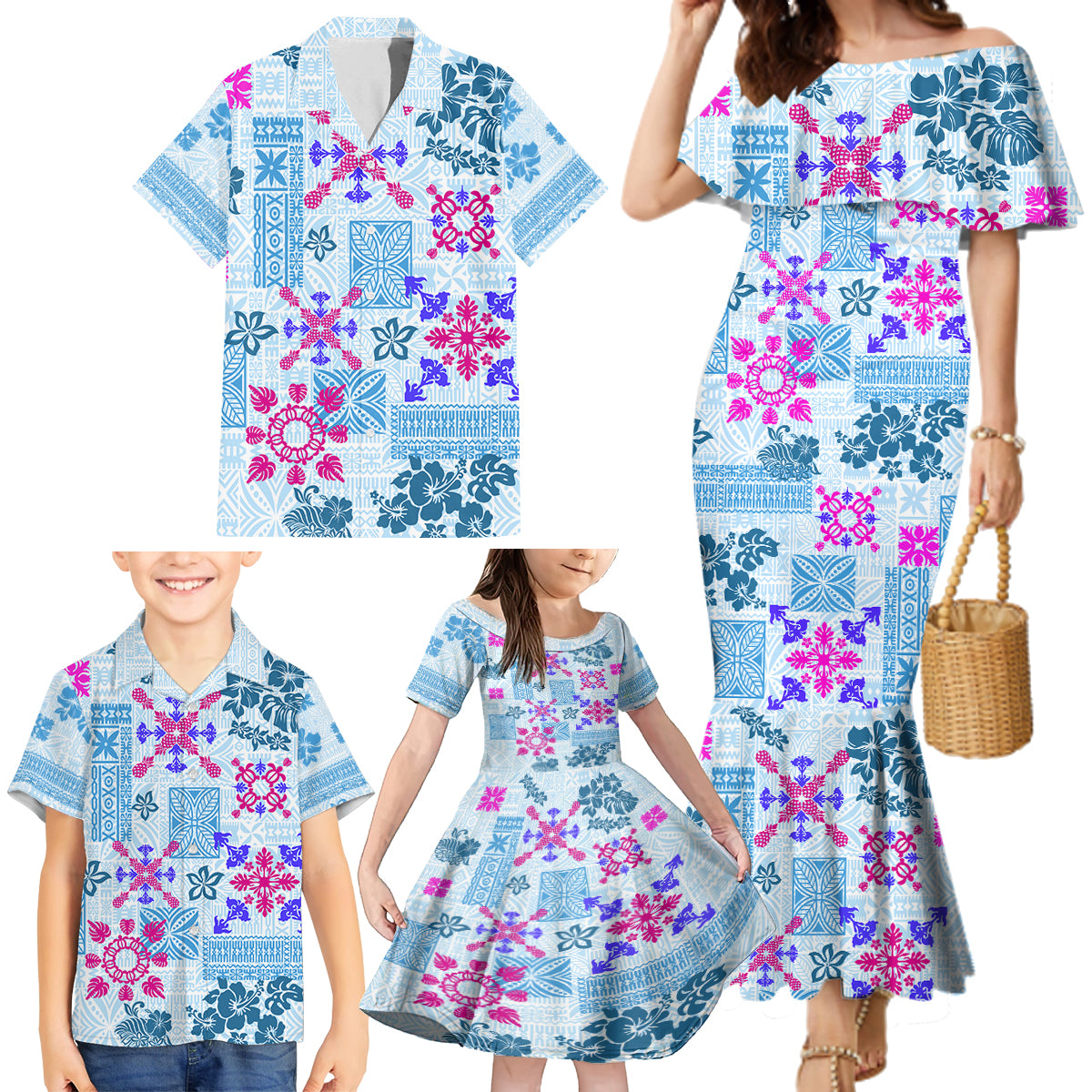 Hawaii Tapa Tribal Family Matching Mermaid Dress and Hawaiian Shirt With Hawaiian Quilt Pattern Blue LT9 - Wonder Print Shop