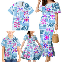 Hawaii Tapa Tribal Family Matching Mermaid Dress and Hawaiian Shirt With Hawaiian Quilt Pattern Blue LT9 - Wonder Print Shop
