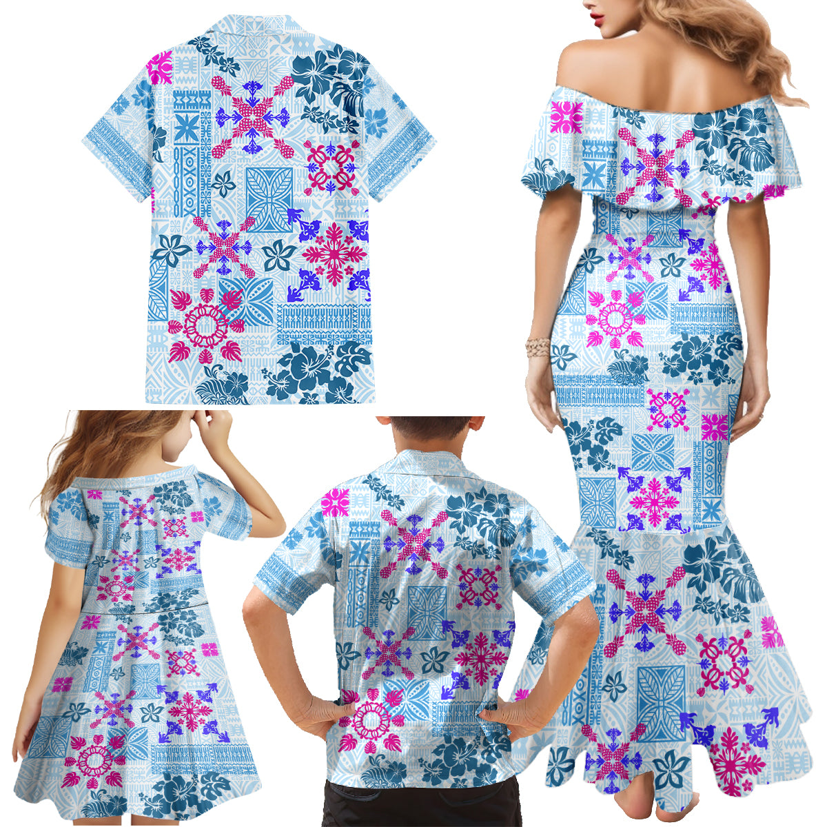 Hawaii Tapa Tribal Family Matching Mermaid Dress and Hawaiian Shirt With Hawaiian Quilt Pattern Blue LT9 - Wonder Print Shop
