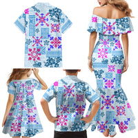 Hawaii Tapa Tribal Family Matching Mermaid Dress and Hawaiian Shirt With Hawaiian Quilt Pattern Blue LT9 - Wonder Print Shop