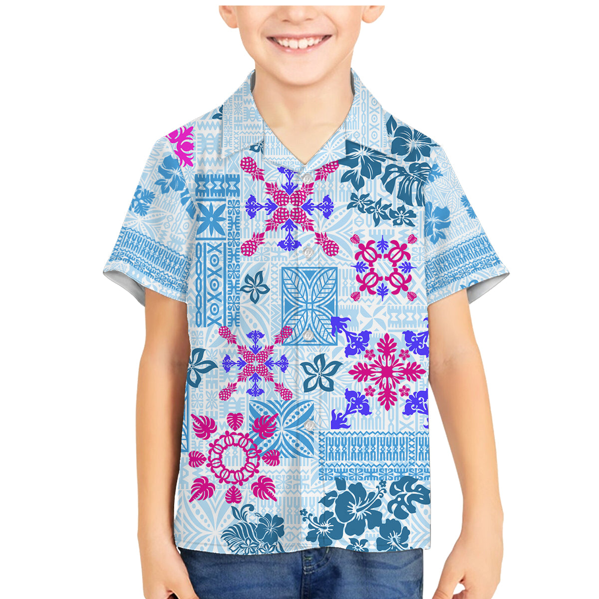 Hawaii Tapa Tribal Family Matching Mermaid Dress and Hawaiian Shirt With Hawaiian Quilt Pattern Blue LT9 - Wonder Print Shop