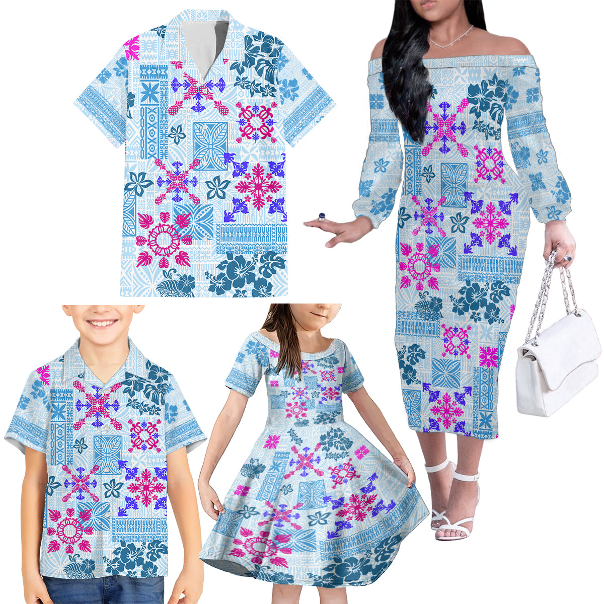 Hawaii Tapa Tribal Family Matching Off Shoulder Long Sleeve Dress and Hawaiian Shirt With Hawaiian Quilt Pattern Blue - Wonder Print Shop