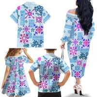 Hawaii Tapa Tribal Family Matching Off Shoulder Long Sleeve Dress and Hawaiian Shirt With Hawaiian Quilt Pattern Blue - Wonder Print Shop