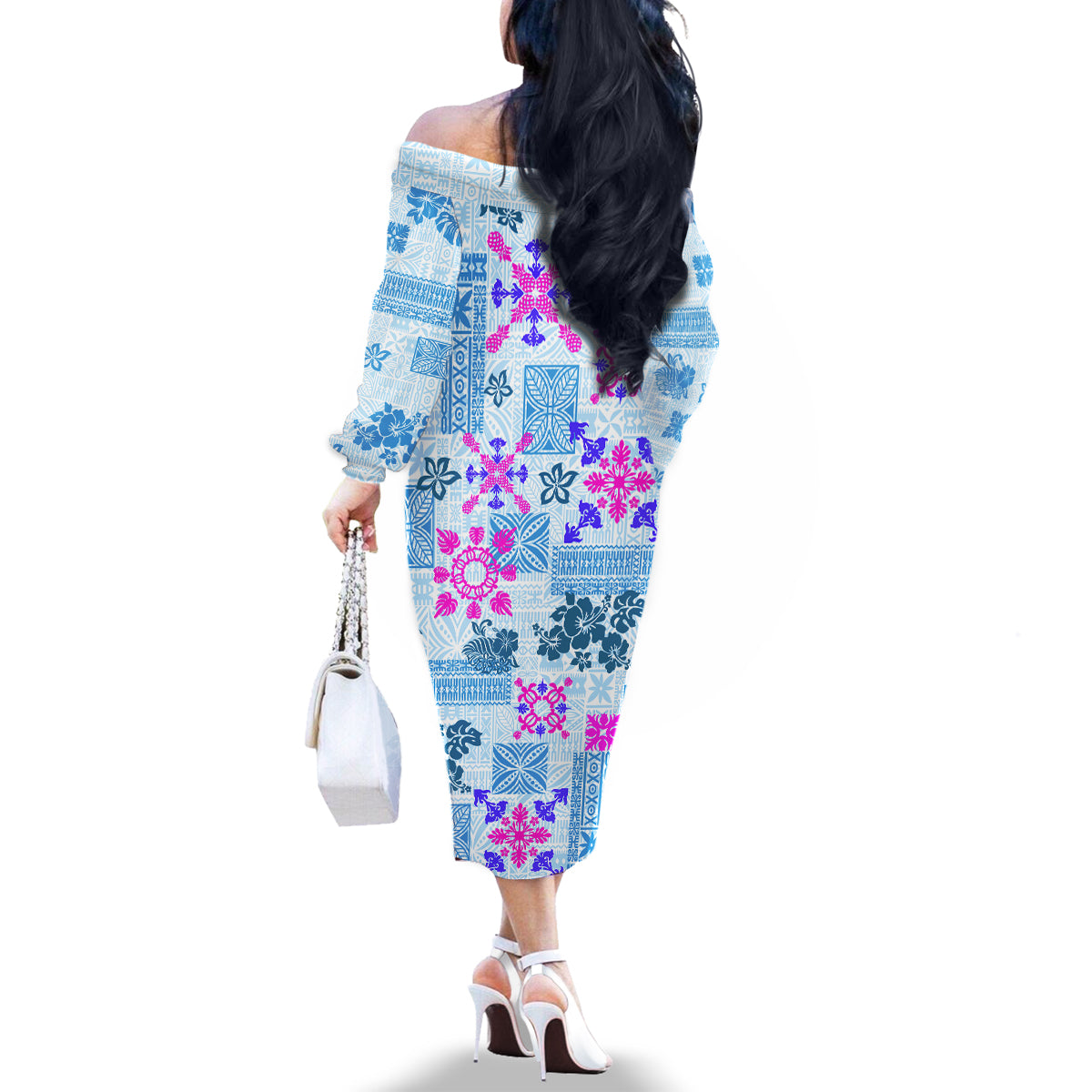 Hawaii Tapa Tribal Family Matching Off Shoulder Long Sleeve Dress and Hawaiian Shirt With Hawaiian Quilt Pattern Blue - Wonder Print Shop