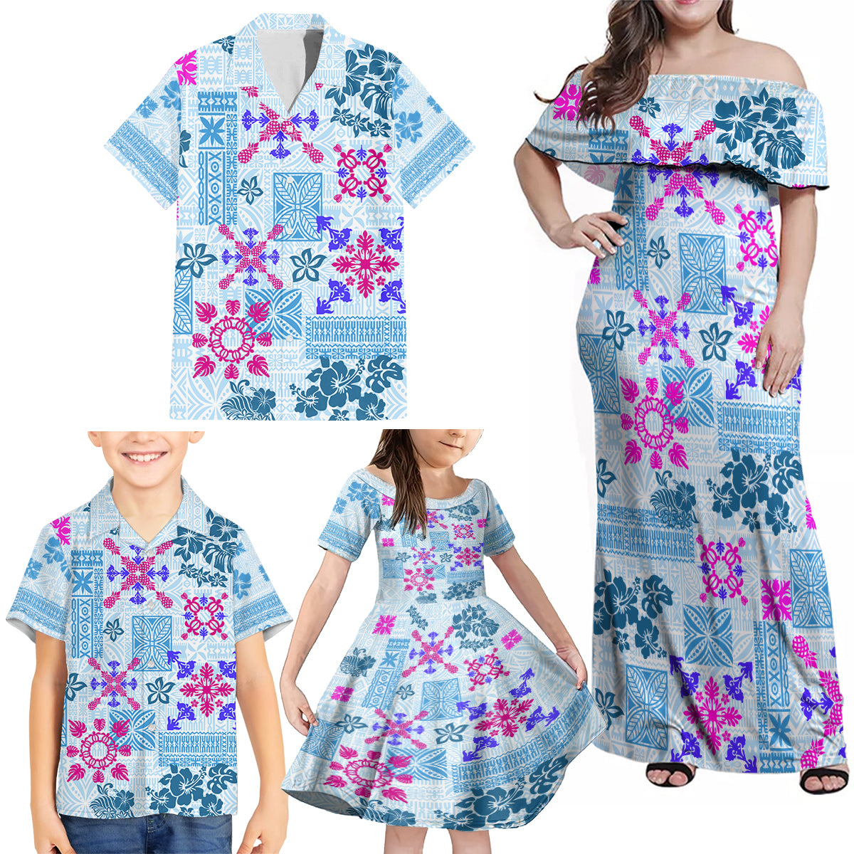 Hawaii Tapa Tribal Family Matching Off Shoulder Maxi Dress and Hawaiian Shirt With Hawaiian Quilt Pattern Blue LT9 - Wonder Print Shop
