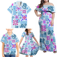 Hawaii Tapa Tribal Family Matching Off Shoulder Maxi Dress and Hawaiian Shirt With Hawaiian Quilt Pattern Blue LT9 - Wonder Print Shop