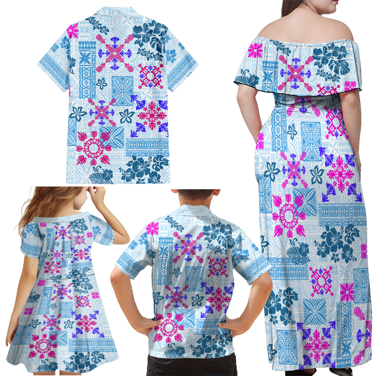 Hawaii Tapa Tribal Family Matching Off Shoulder Maxi Dress and Hawaiian Shirt With Hawaiian Quilt Pattern Blue LT9 - Wonder Print Shop