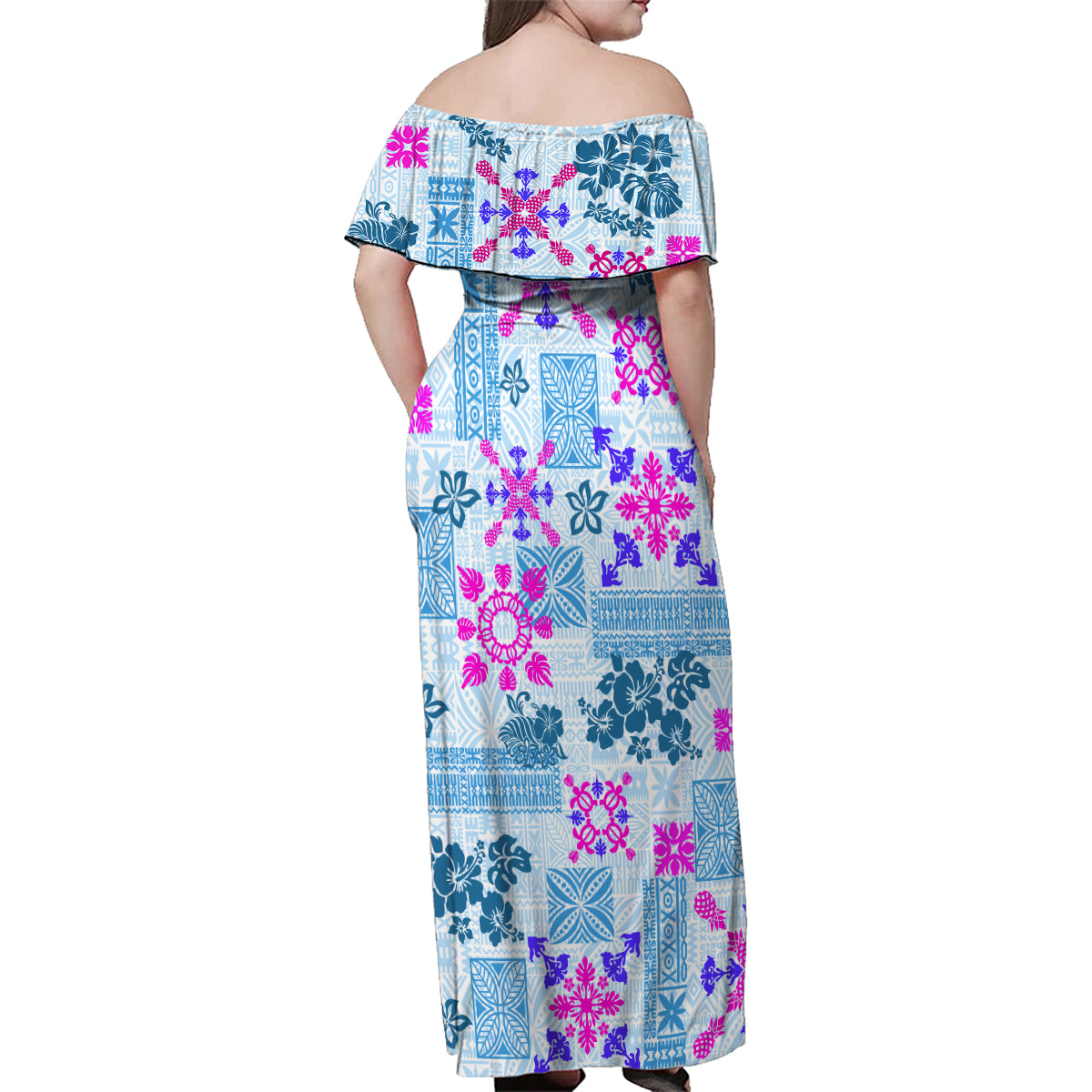 Hawaii Tapa Tribal Family Matching Off Shoulder Maxi Dress and Hawaiian Shirt With Hawaiian Quilt Pattern Blue LT9 - Wonder Print Shop