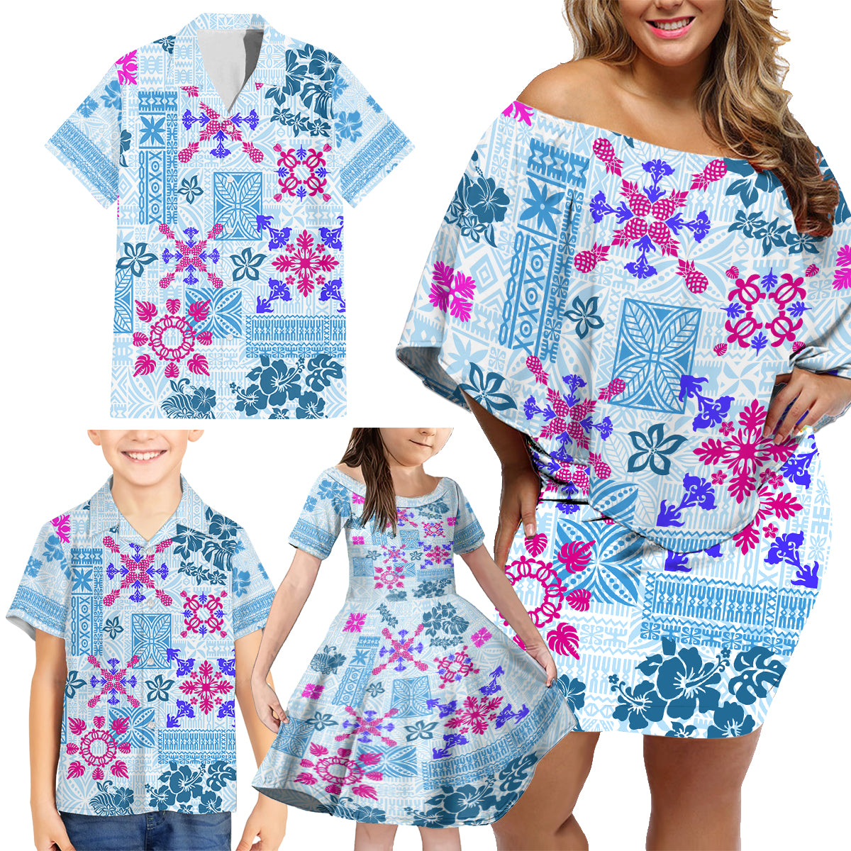 Hawaii Tapa Tribal Family Matching Off Shoulder Short Dress and Hawaiian Shirt With Hawaiian Quilt Pattern Blue LT9 - Wonder Print Shop