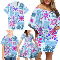 Hawaii Tapa Tribal Family Matching Off Shoulder Short Dress and Hawaiian Shirt With Hawaiian Quilt Pattern Blue LT9 - Wonder Print Shop