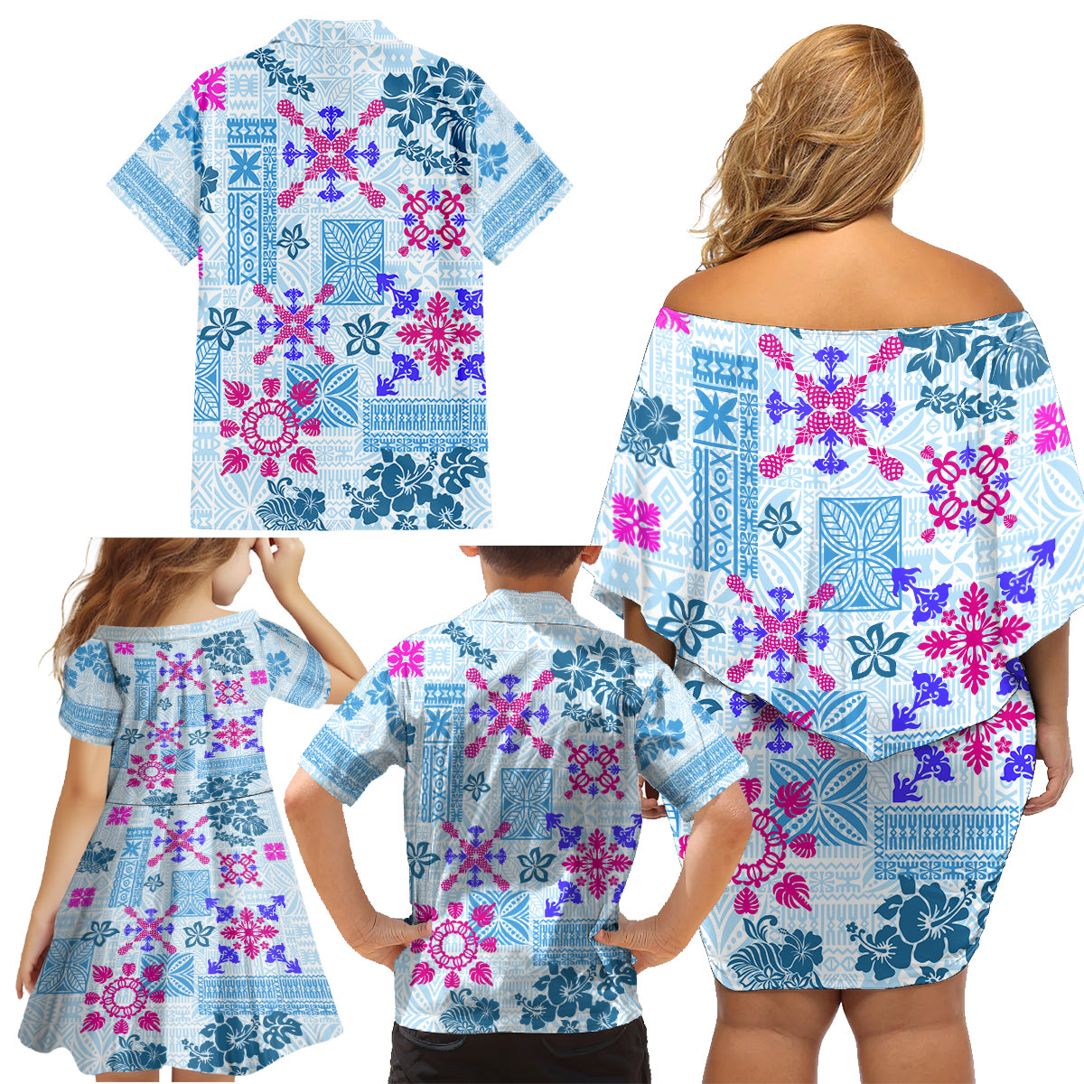 Hawaii Tapa Tribal Family Matching Off Shoulder Short Dress and Hawaiian Shirt With Hawaiian Quilt Pattern Blue LT9 - Wonder Print Shop