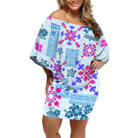 Hawaii Tapa Tribal Family Matching Off Shoulder Short Dress and Hawaiian Shirt With Hawaiian Quilt Pattern Blue LT9 - Wonder Print Shop