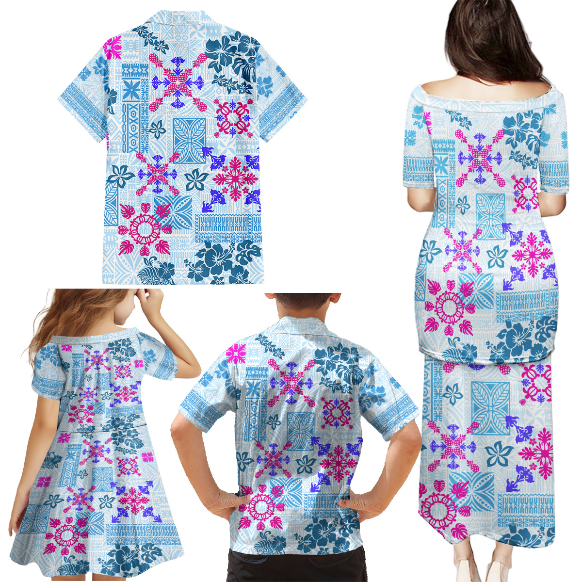 Hawaii Tapa Tribal Family Matching Puletasi Dress and Hawaiian Shirt With Hawaiian Quilt Pattern Blue - Wonder Print Shop