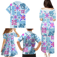Hawaii Tapa Tribal Family Matching Puletasi Dress and Hawaiian Shirt With Hawaiian Quilt Pattern Blue - Wonder Print Shop