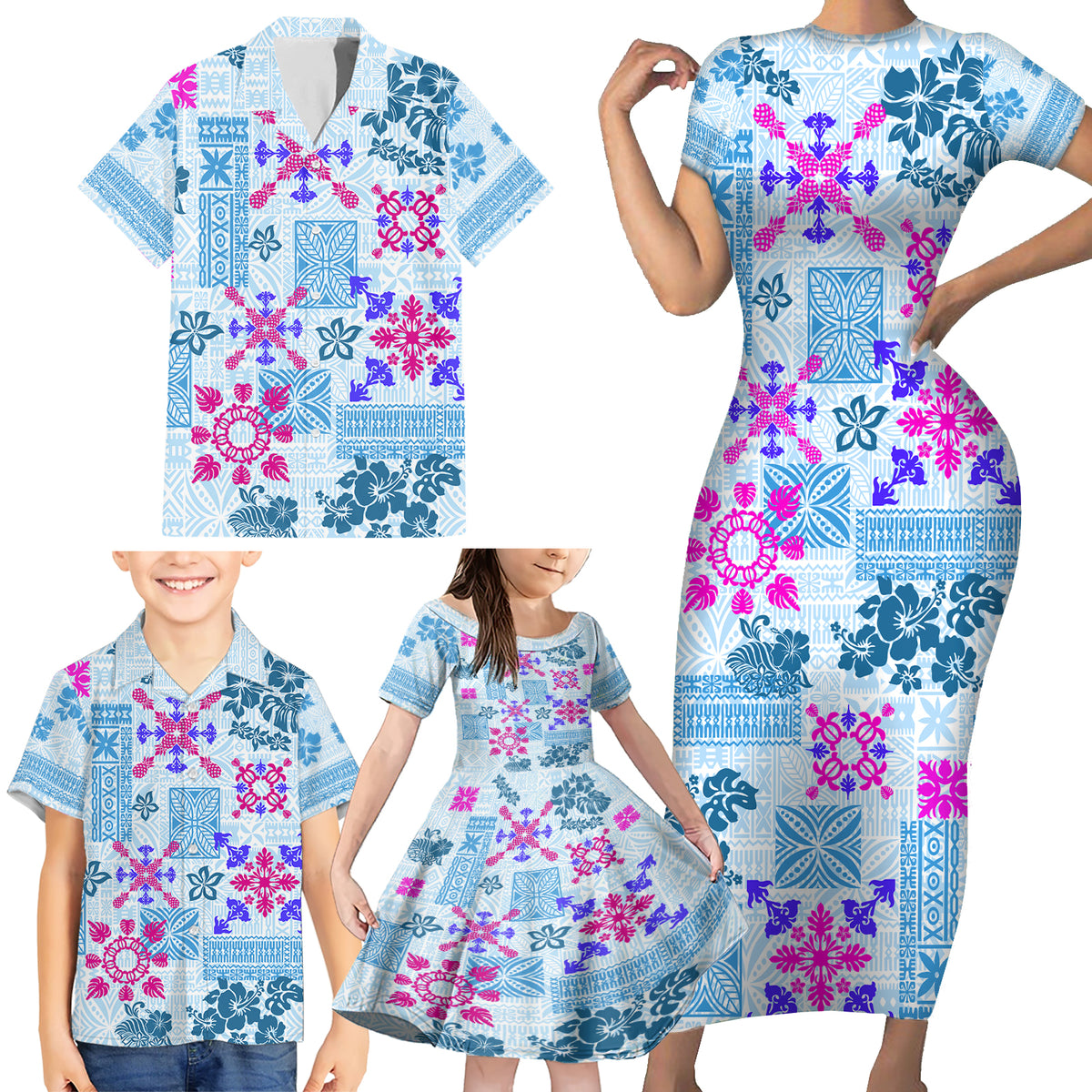 Hawaii Tapa Tribal Family Matching Short Sleeve Bodycon Dress and Hawaiian Shirt With Hawaiian Quilt Pattern Blue - Wonder Print Shop