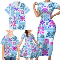 Hawaii Tapa Tribal Family Matching Short Sleeve Bodycon Dress and Hawaiian Shirt With Hawaiian Quilt Pattern Blue - Wonder Print Shop