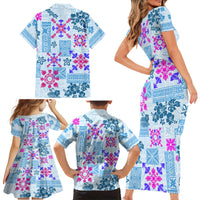 Hawaii Tapa Tribal Family Matching Short Sleeve Bodycon Dress and Hawaiian Shirt With Hawaiian Quilt Pattern Blue - Wonder Print Shop