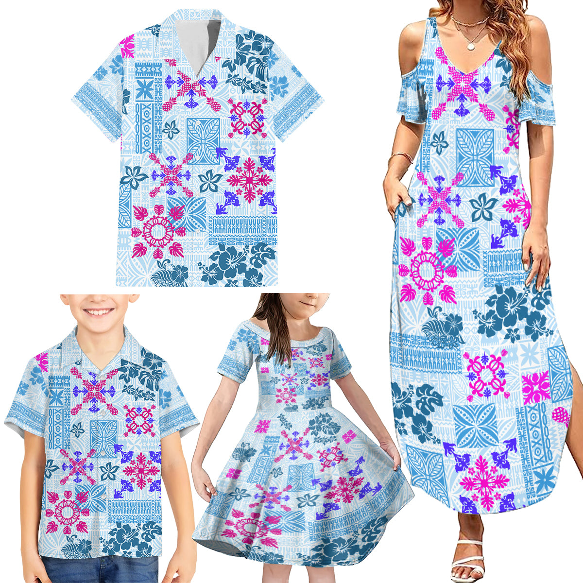 Hawaii Tapa Tribal Family Matching Summer Maxi Dress and Hawaiian Shirt With Hawaiian Quilt Pattern Blue - Wonder Print Shop