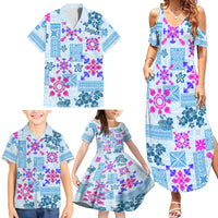Hawaii Tapa Tribal Family Matching Summer Maxi Dress and Hawaiian Shirt With Hawaiian Quilt Pattern Blue - Wonder Print Shop