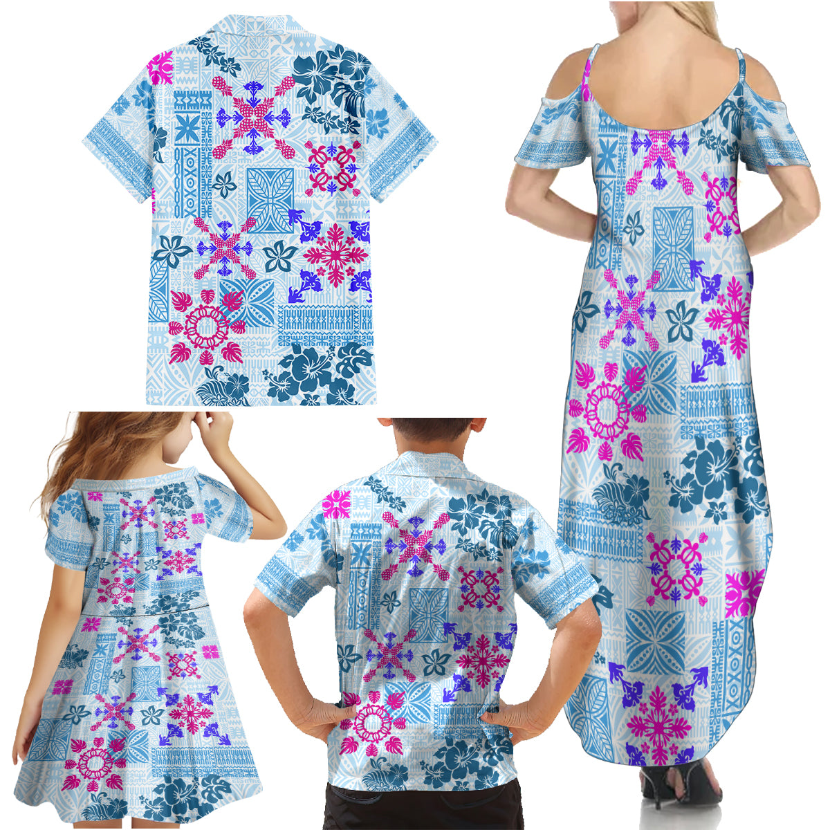 Hawaii Tapa Tribal Family Matching Summer Maxi Dress and Hawaiian Shirt With Hawaiian Quilt Pattern Blue - Wonder Print Shop