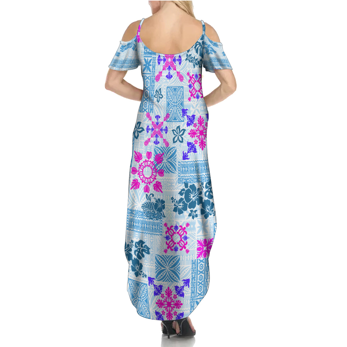 Hawaii Tapa Tribal Family Matching Summer Maxi Dress and Hawaiian Shirt With Hawaiian Quilt Pattern Blue - Wonder Print Shop