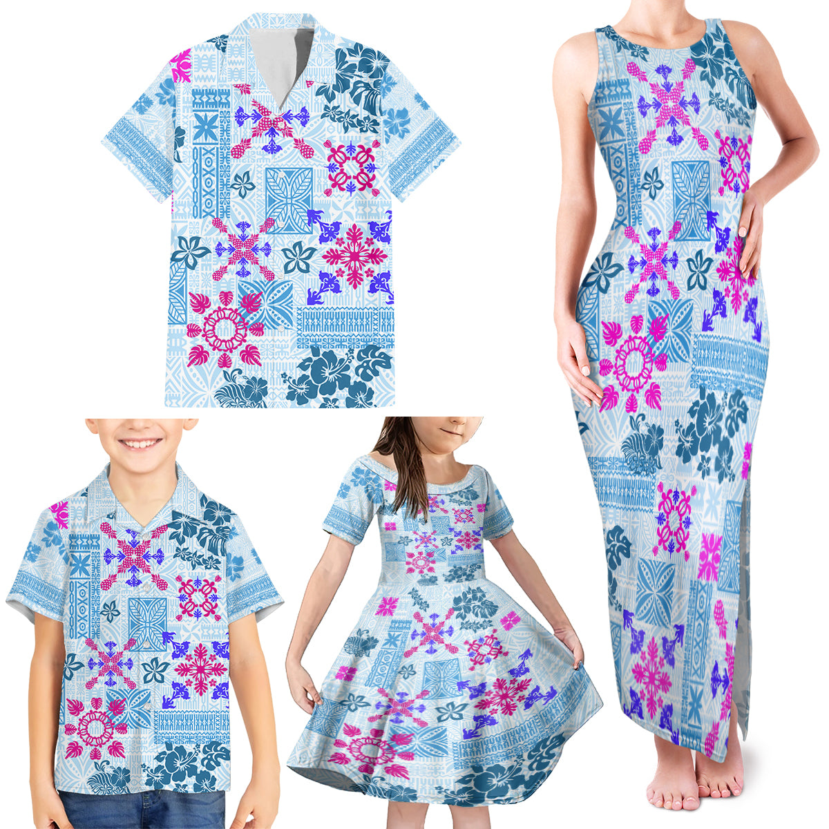 Hawaii Tapa Tribal Family Matching Tank Maxi Dress and Hawaiian Shirt With Hawaiian Quilt Pattern Blue - Wonder Print Shop