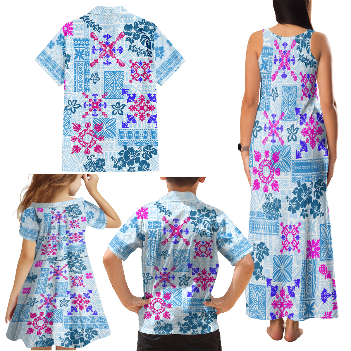 Hawaii Tapa Tribal Family Matching Tank Maxi Dress and Hawaiian Shirt With Hawaiian Quilt Pattern Blue - Wonder Print Shop