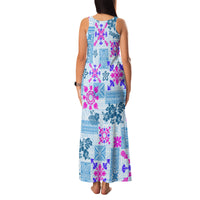 Hawaii Tapa Tribal Family Matching Tank Maxi Dress and Hawaiian Shirt With Hawaiian Quilt Pattern Blue - Wonder Print Shop