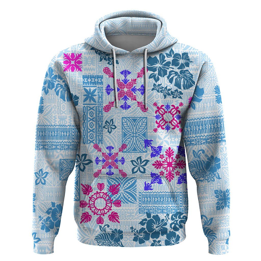 Hawaii Tapa Tribal Hoodie With Hawaiian Quilt Pattern Blue - Wonder Print Shop