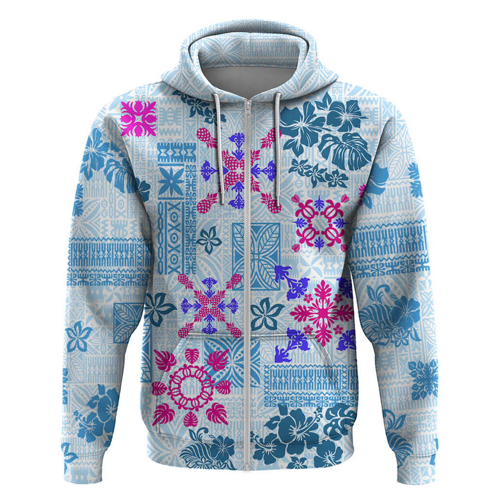 Hawaii Tapa Tribal Hoodie With Hawaiian Quilt Pattern Blue - Wonder Print Shop