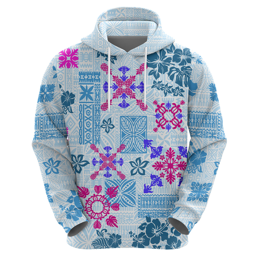 Hawaii Tapa Tribal Hoodie With Hawaiian Quilt Pattern Blue - Wonder Print Shop