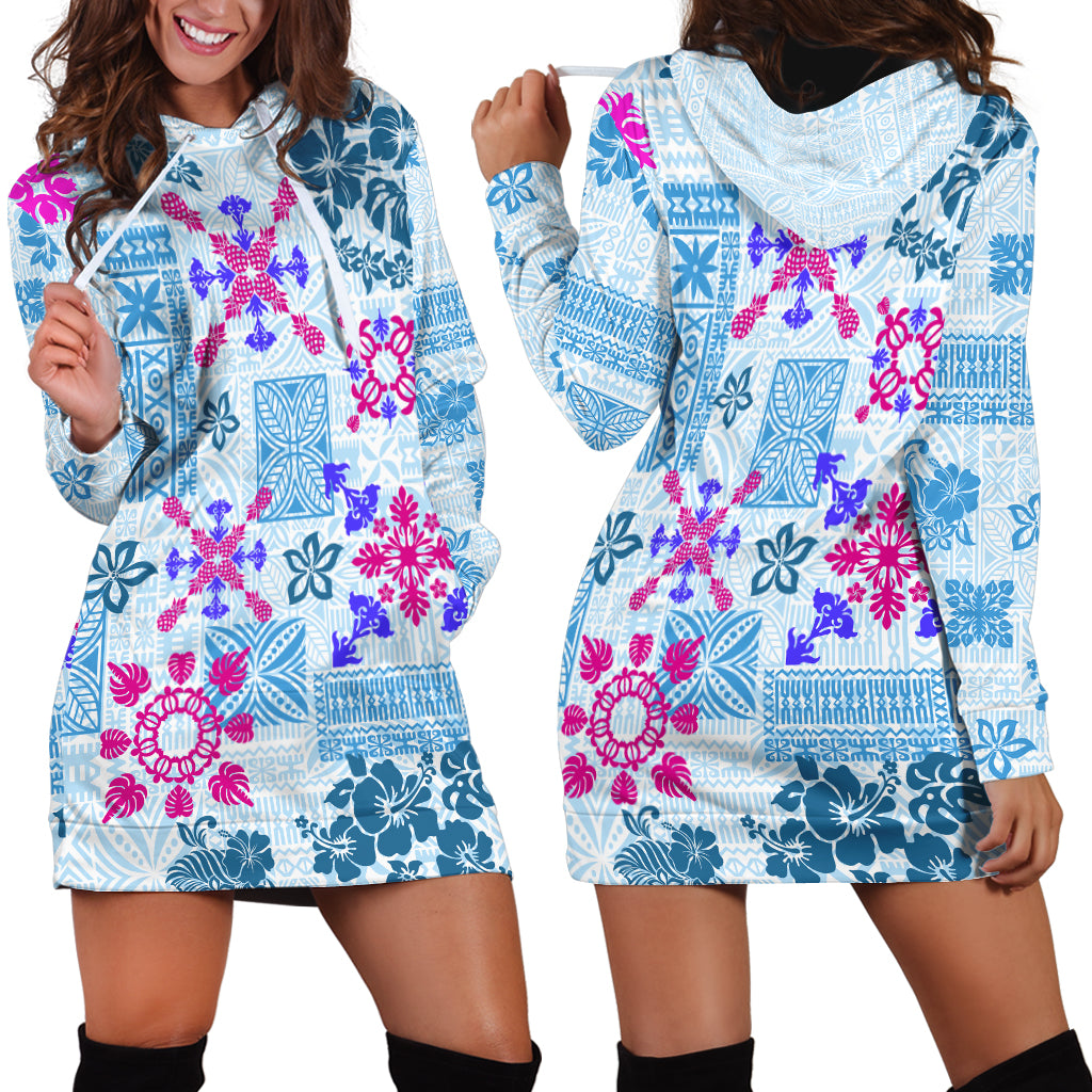 Hawaii Tapa Tribal Hoodie Dress With Hawaiian Quilt Pattern Blue - Wonder Print Shop