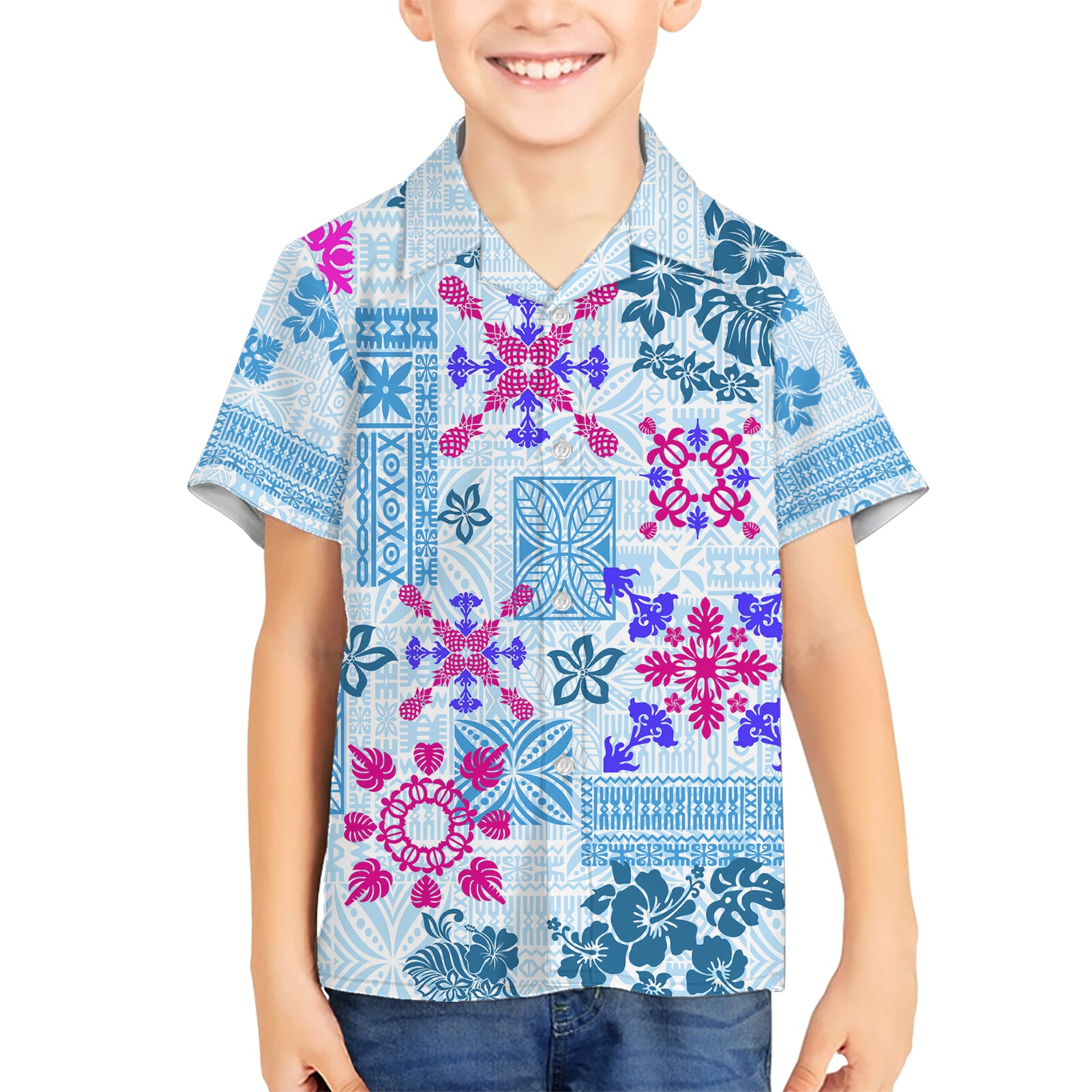 Hawaii Tapa Tribal Kid Hawaiian Shirt With Hawaiian Quilt Pattern Blue - Wonder Print Shop