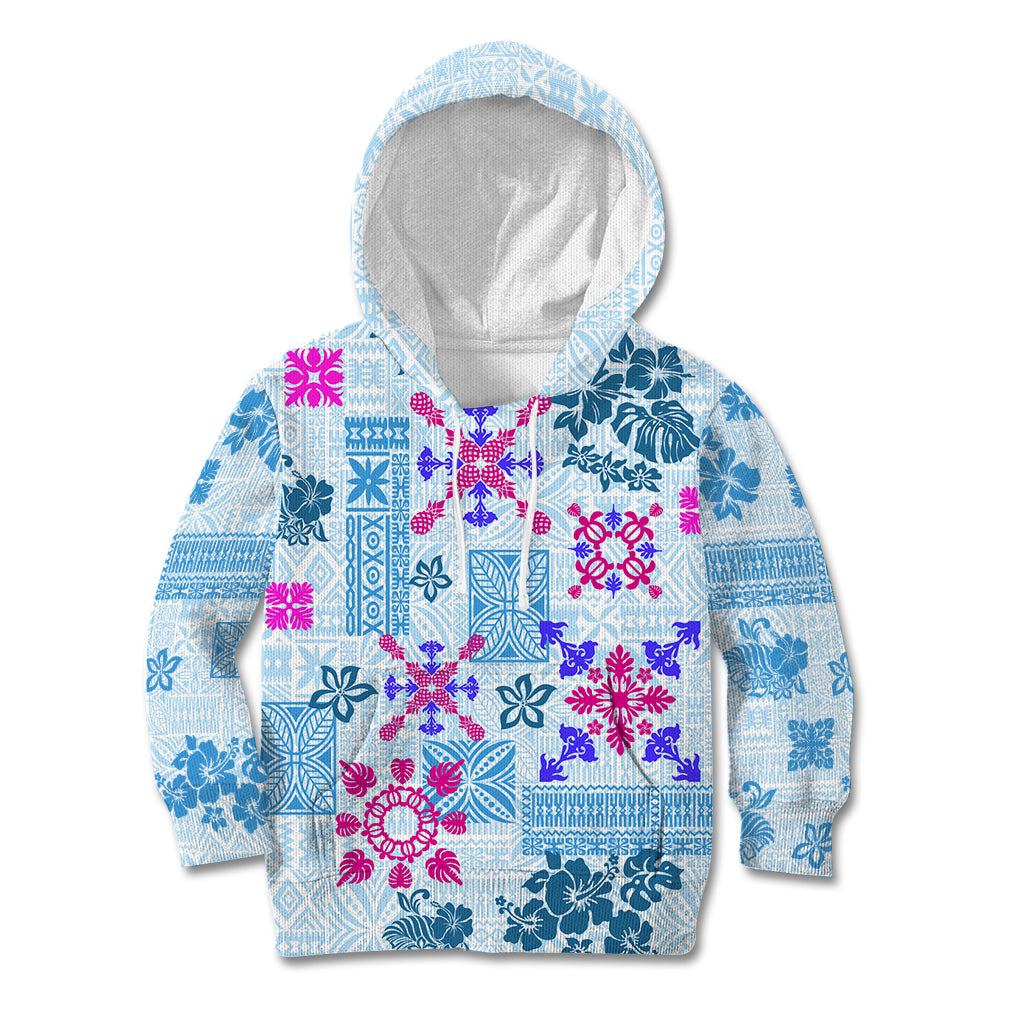Hawaii Tapa Tribal Kid Hoodie With Hawaiian Quilt Pattern Blue - Wonder Print Shop