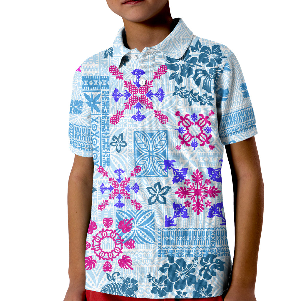 Hawaii Tapa Tribal Kid Polo Shirt With Hawaiian Quilt Pattern Blue - Wonder Print Shop