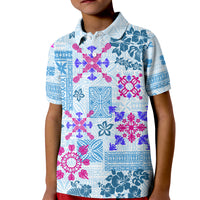 Hawaii Tapa Tribal Kid Polo Shirt With Hawaiian Quilt Pattern Blue - Wonder Print Shop