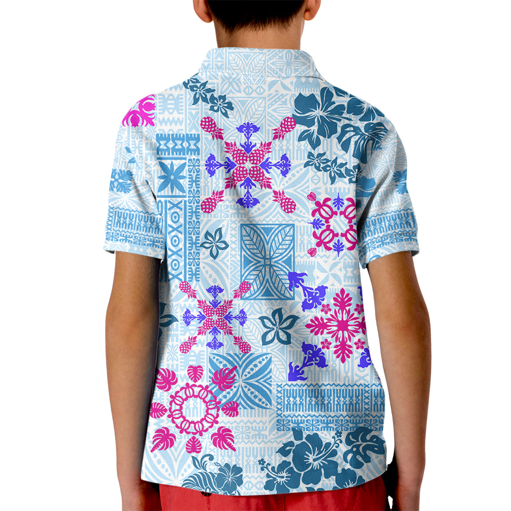 Hawaii Tapa Tribal Kid Polo Shirt With Hawaiian Quilt Pattern Blue - Wonder Print Shop