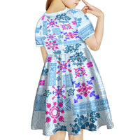 Hawaii Tapa Tribal Kid Short Sleeve Dress With Hawaiian Quilt Pattern Blue - Wonder Print Shop