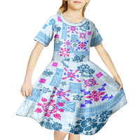 Hawaii Tapa Tribal Kid Short Sleeve Dress With Hawaiian Quilt Pattern Blue - Wonder Print Shop