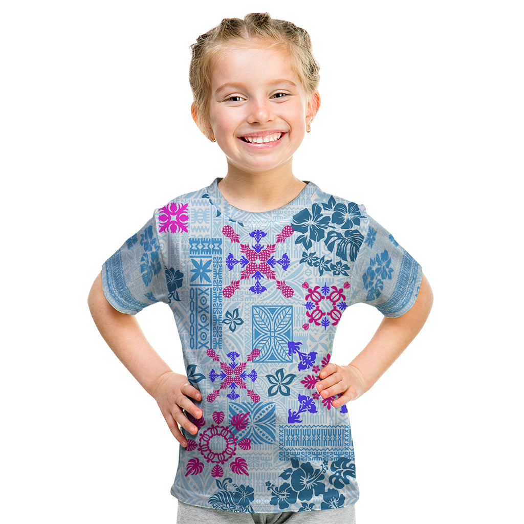 Hawaii Tapa Tribal Kid T Shirt With Hawaiian Quilt Pattern Blue - Wonder Print Shop