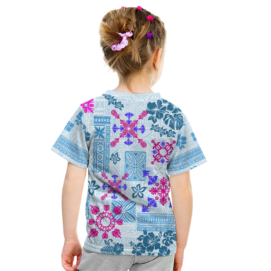 Hawaii Tapa Tribal Kid T Shirt With Hawaiian Quilt Pattern Blue - Wonder Print Shop
