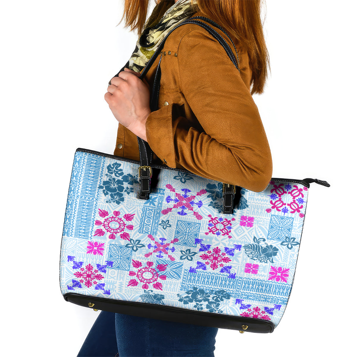 Hawaii Tapa Tribal Leather Tote Bag With Hawaiian Quilt Pattern Blue - Wonder Print Shop