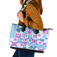 Hawaii Tapa Tribal Leather Tote Bag With Hawaiian Quilt Pattern Blue - Wonder Print Shop