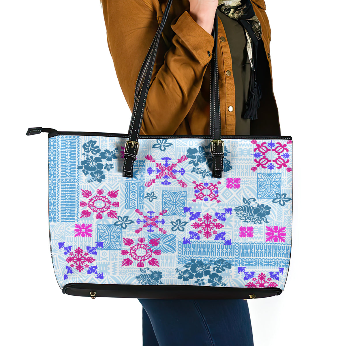 Hawaii Tapa Tribal Leather Tote Bag With Hawaiian Quilt Pattern Blue - Wonder Print Shop