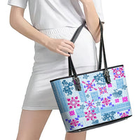 Hawaii Tapa Tribal Leather Tote Bag With Hawaiian Quilt Pattern Blue - Wonder Print Shop
