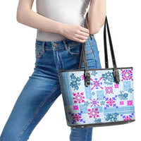 Hawaii Tapa Tribal Leather Tote Bag With Hawaiian Quilt Pattern Blue - Wonder Print Shop