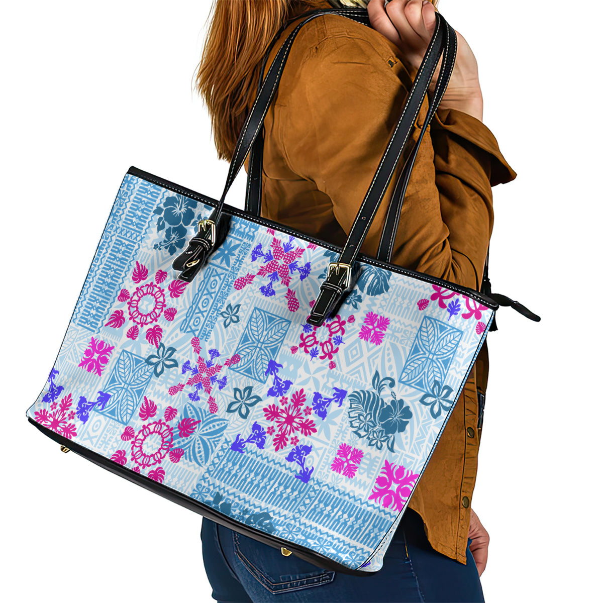 Hawaii Tapa Tribal Leather Tote Bag With Hawaiian Quilt Pattern Blue - Wonder Print Shop