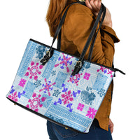 Hawaii Tapa Tribal Leather Tote Bag With Hawaiian Quilt Pattern Blue - Wonder Print Shop