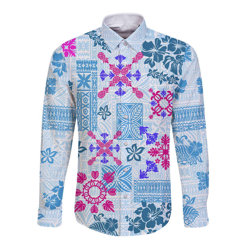 Hawaii Tapa Tribal Long Sleeve Button Shirt With Hawaiian Quilt Pattern Blue - Wonder Print Shop