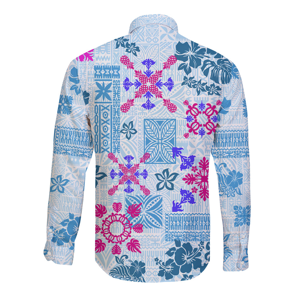 Hawaii Tapa Tribal Long Sleeve Button Shirt With Hawaiian Quilt Pattern Blue - Wonder Print Shop
